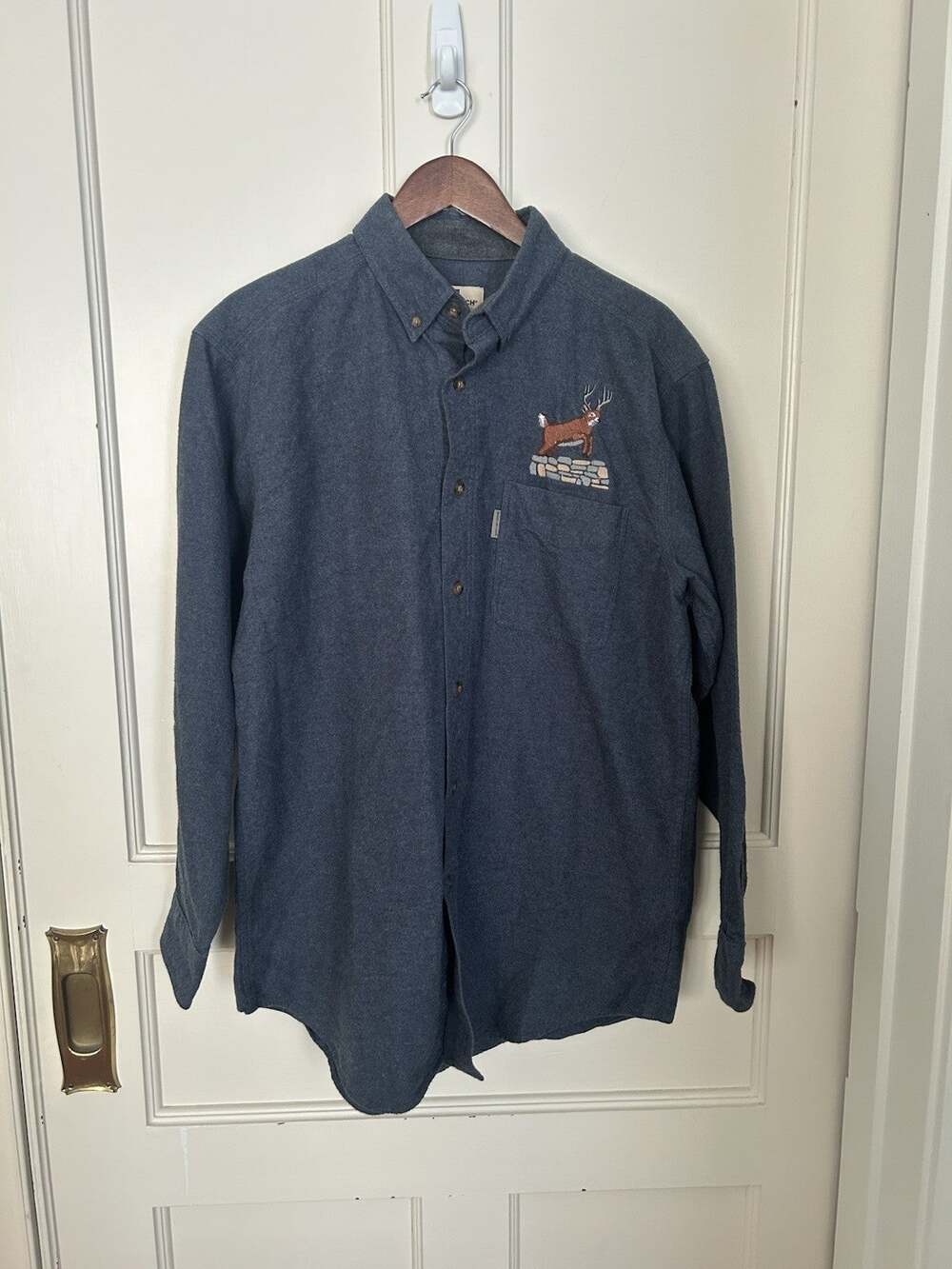 Woolrich Flannel Deer Embroidered Collared Shirt Mens Size Large Blue Outdoor